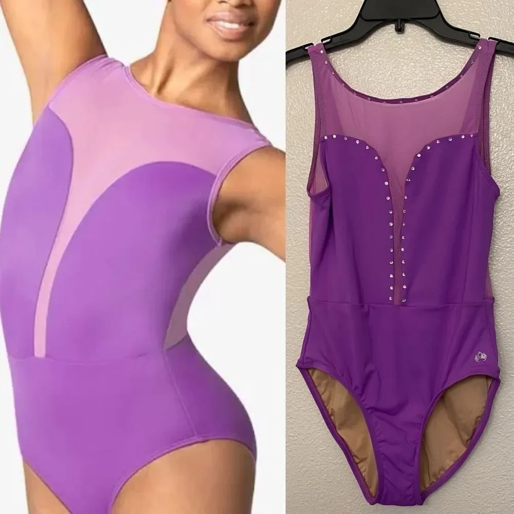 Mariia M2 Cutout Bodice Tank Leotard mesh, custom rhinestoned lavender purple MA